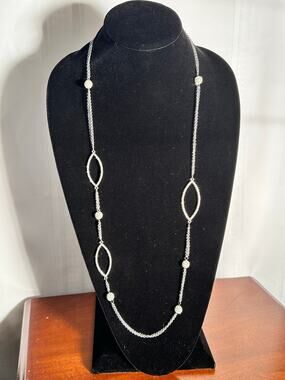 Silver Tone Multi Strand Station Necklace Pave Bead Accents Oval Links 36 Inch